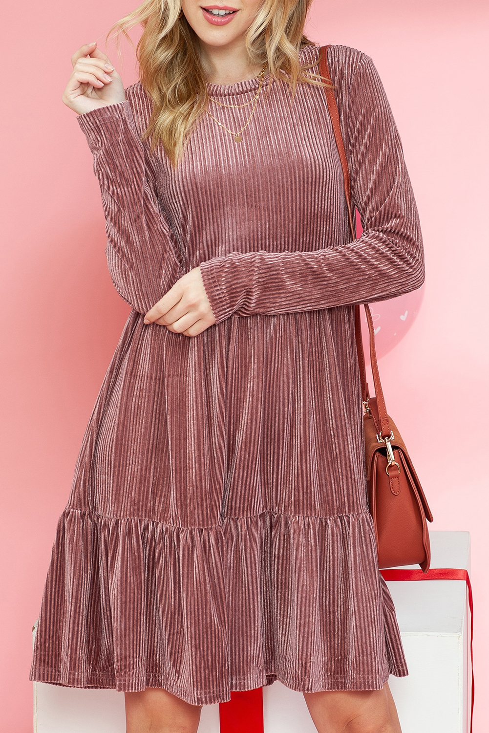 Apricot Pink Ribbed Tiered VELVET Mini Dress