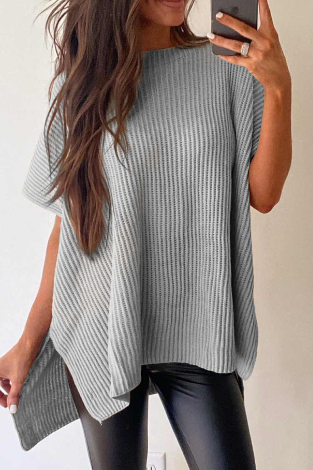Shewin Wholesale Suppliers Gray Side Slit SHORT Dolman Sleeve Knitted Oversized Top