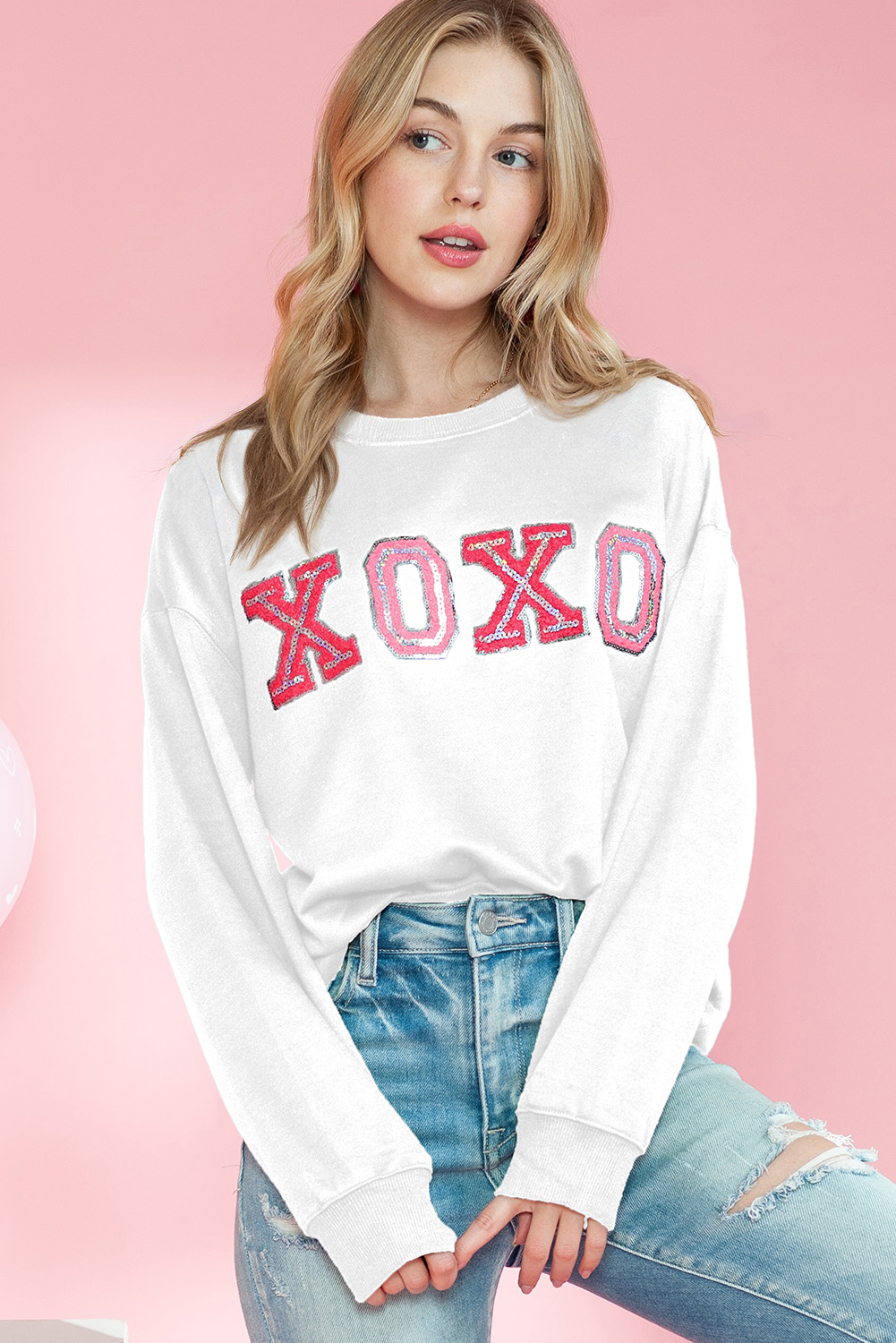  Beige VALENTINE Shiny XOXO Letter Graphic Sweatshirt