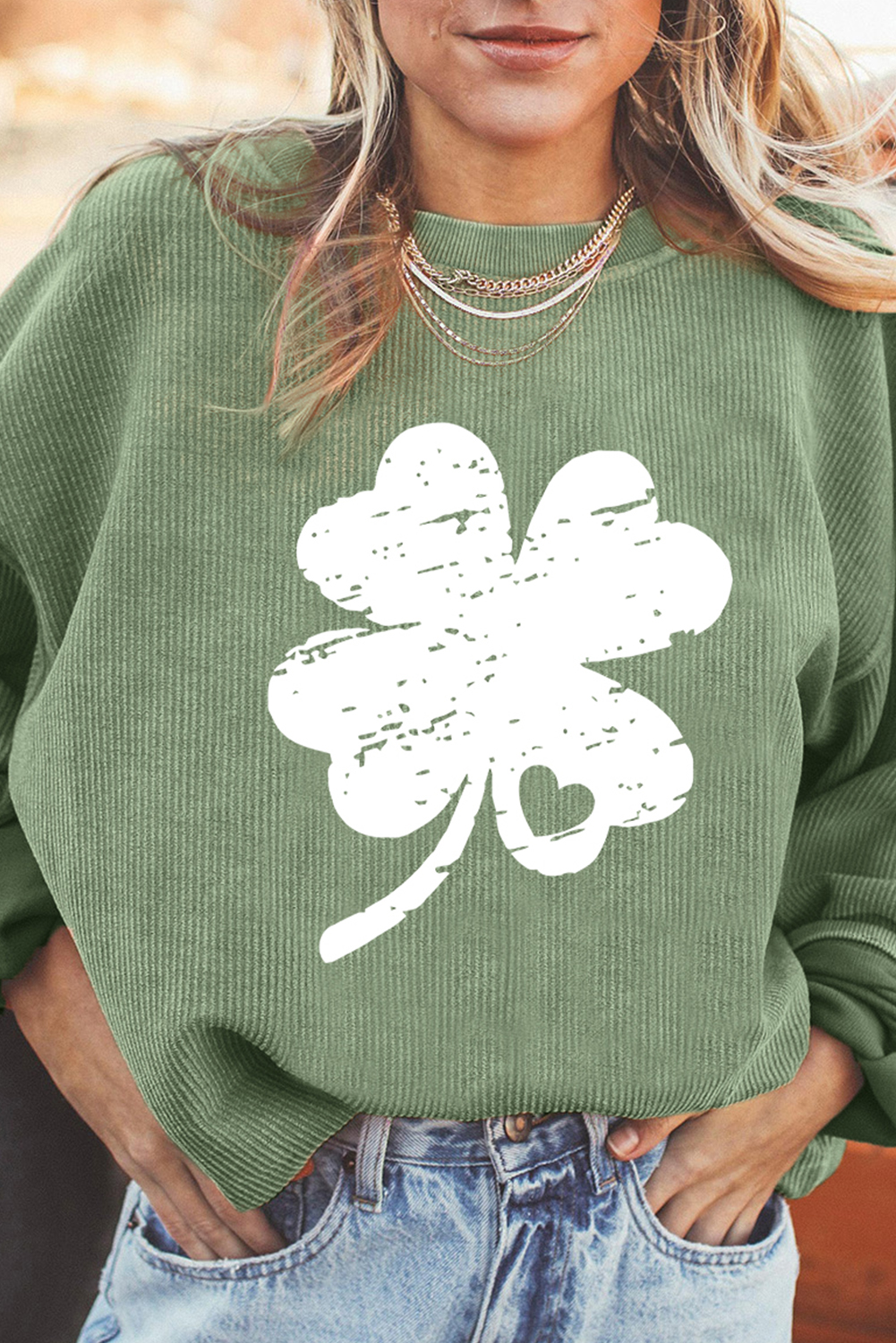 Shewin Wholesale Spring Grass Green St Patricks Corded Distressed Clover Graphic SWEATSHIRT