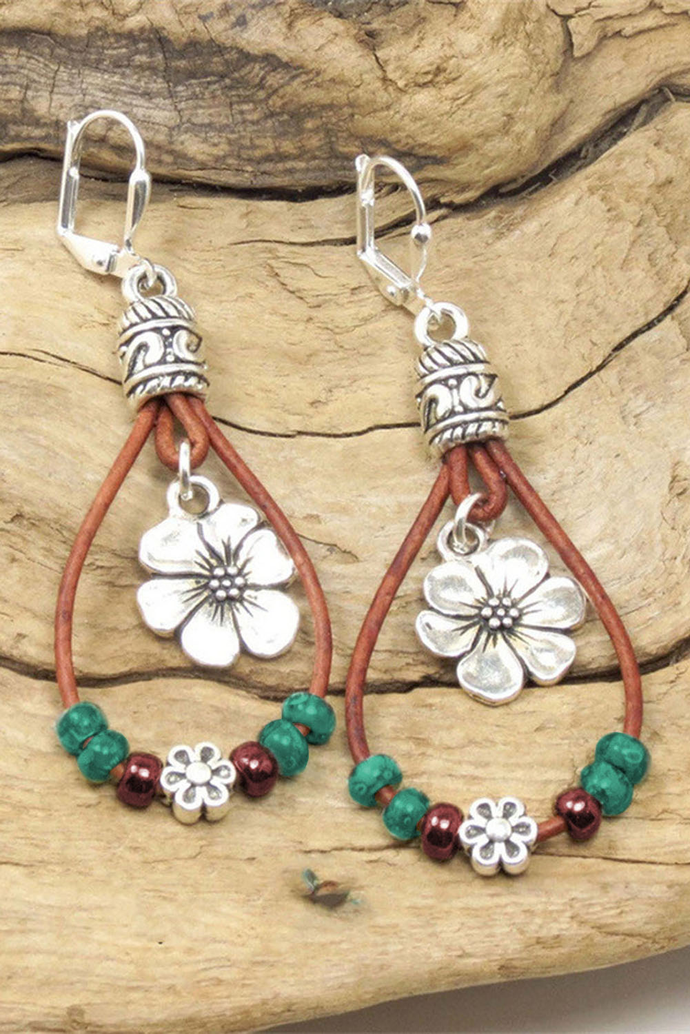 Shewin Wholesale Casual Silvery Leather Beaded Floral DANGLE Earrings