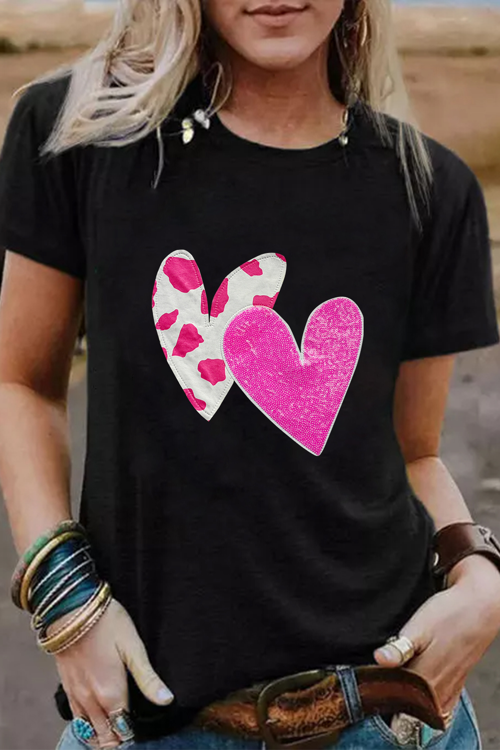  Black VALENTINEs Double Heart Sequin Graphic T Shirt