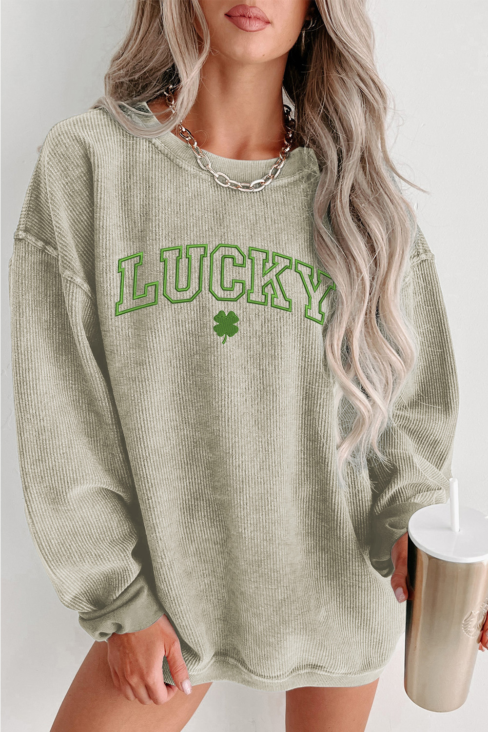 Shewin Wholesale New arrival Green LUCKY Clover Graphic Corded Crewneck SWEATSHIRT