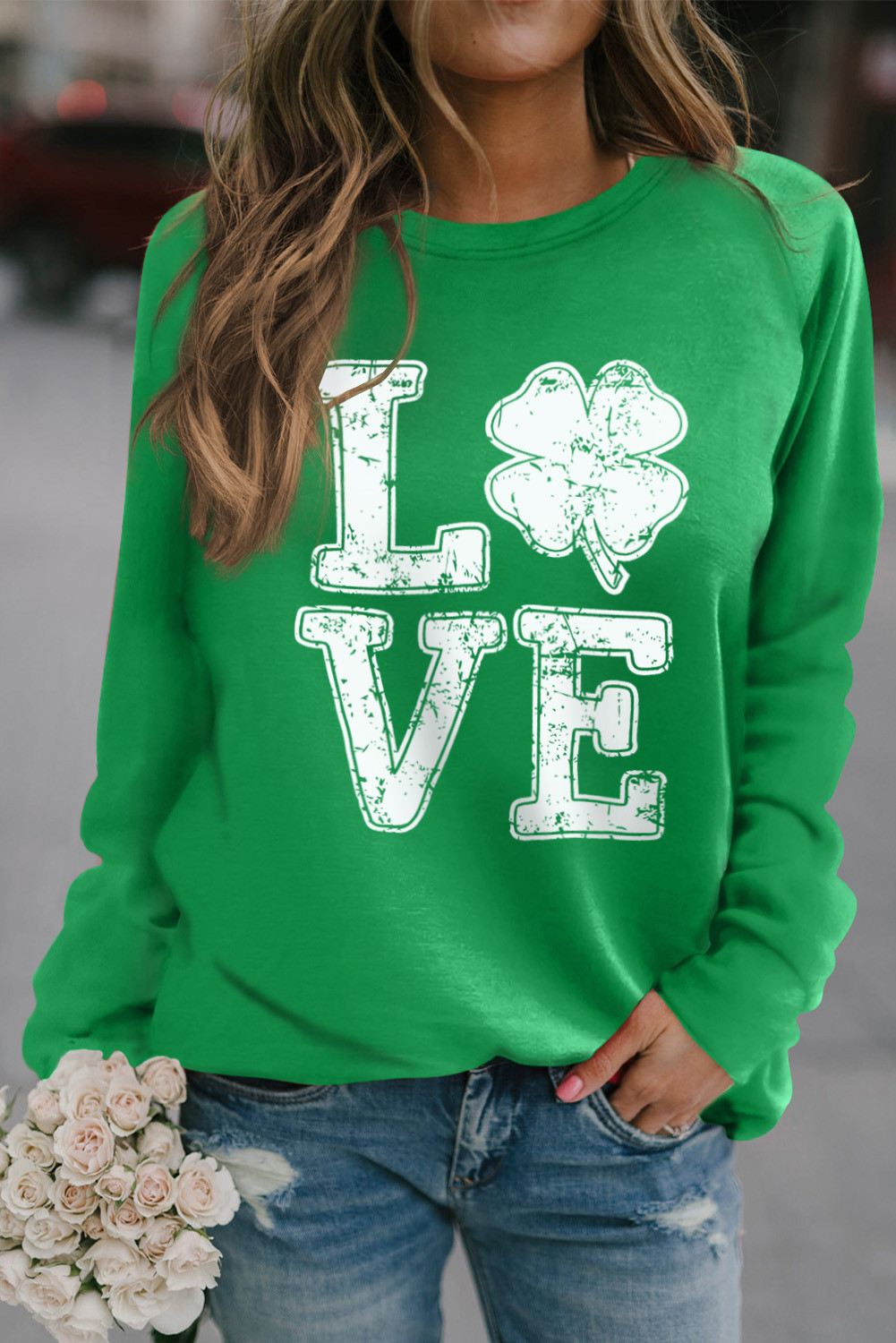 Green LOVE Clover Graphic Raglan Sleeve Pullover Sweatshirt
