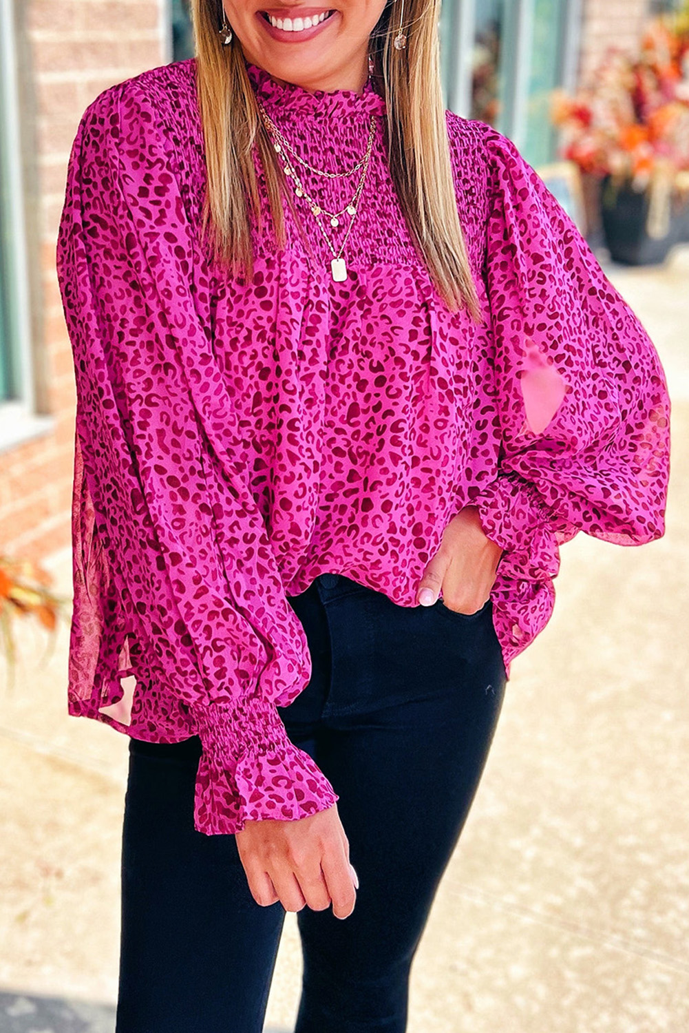 Shewin Wholesale WESTERN Rose Leopard Shirred Puff Sleeve Flowy Blouse