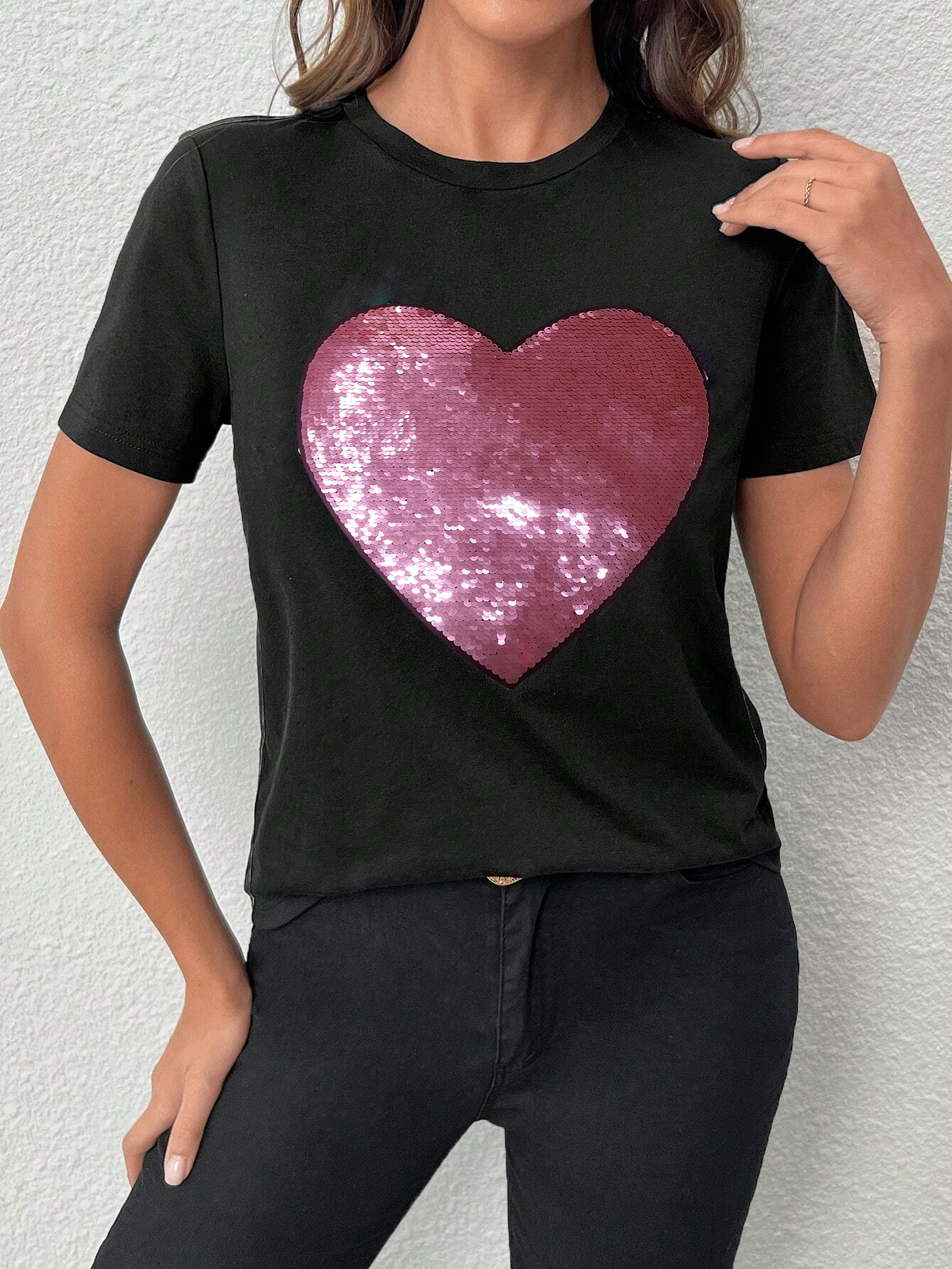  Black VALENTINE Sequin Heart Graphic Crew Neck T Shirt