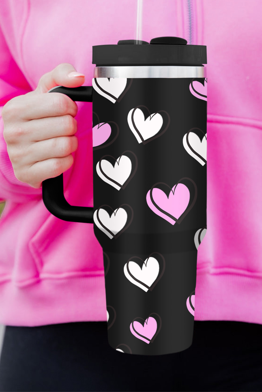  Black VALENTINEs Heart Printed Thermos Cup with Handle