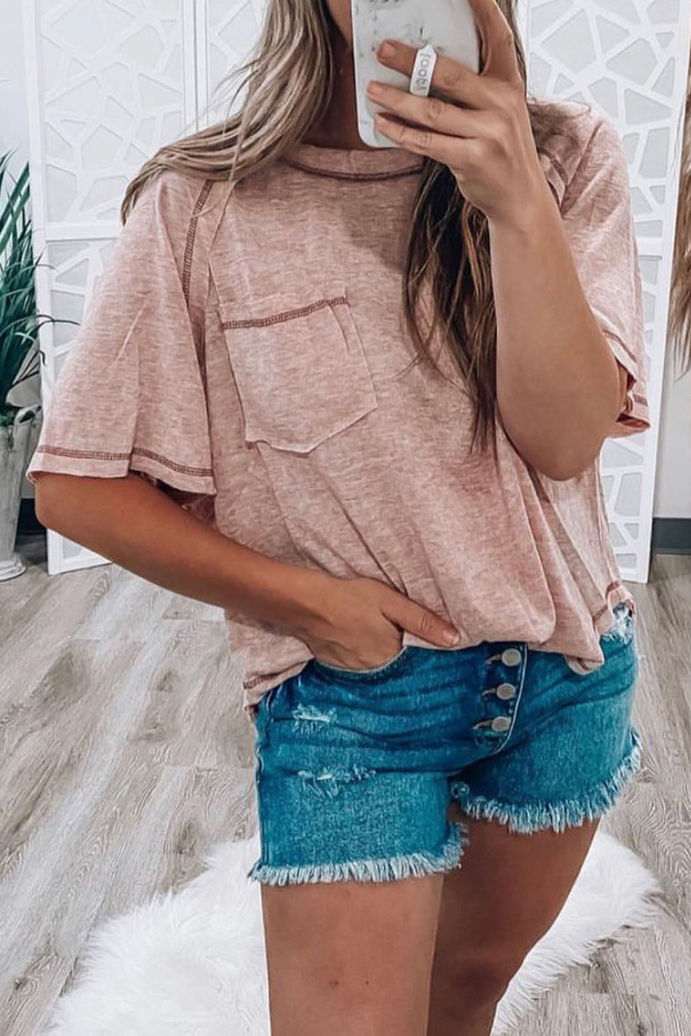 Shewin Wholesale Summer Dusty Pink Exposed Seam Loose Fit T SHIRT