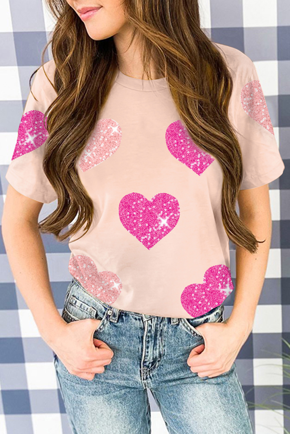  Pink Sequin Heart Shape Patch Graphic T SHIRT