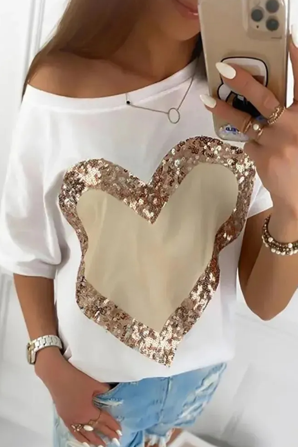  White VALENTINE Sequin Heart Shape Graphic T Shirt