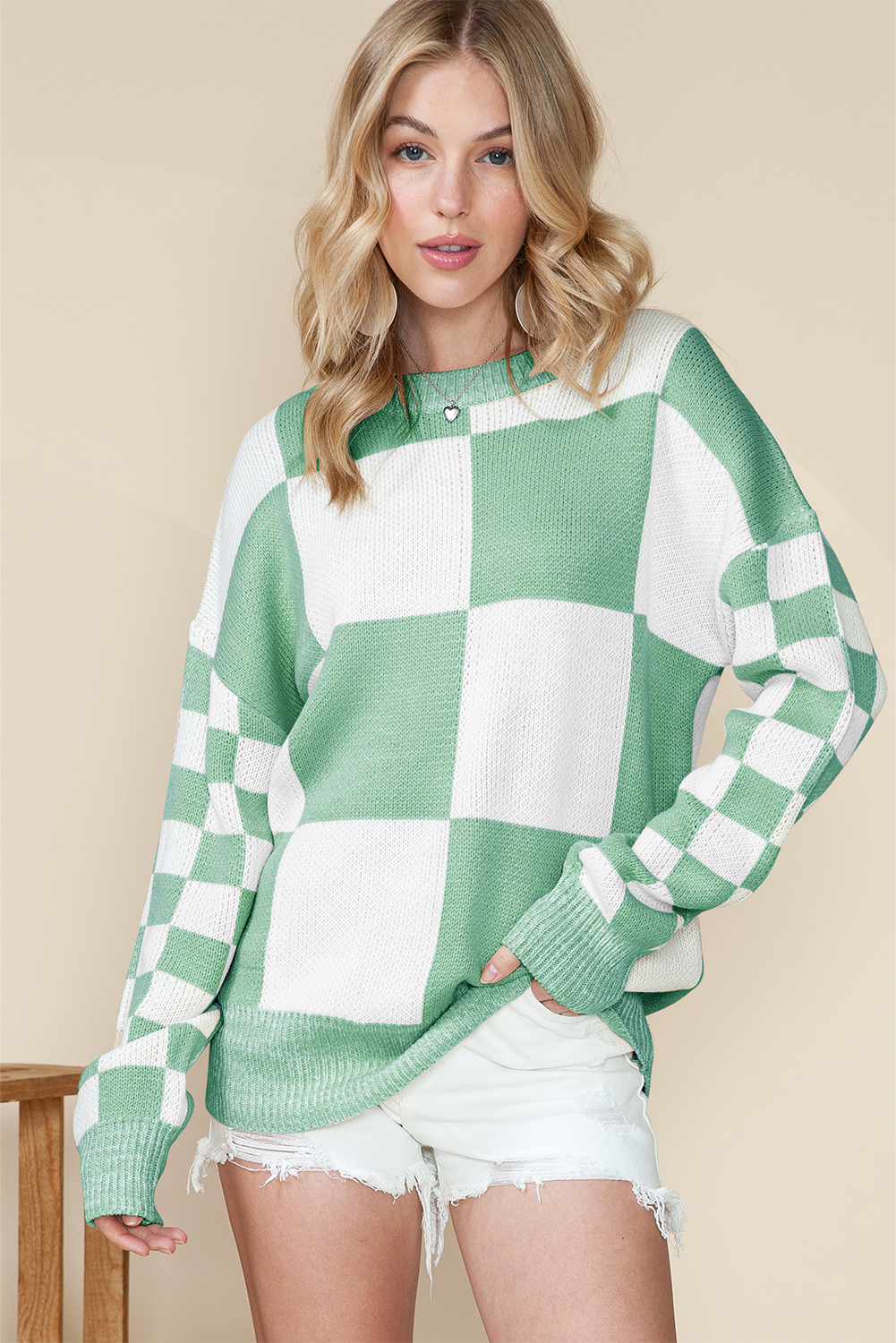 Shewin Wholesale Southern Clothes Mint Green Plaid Knitted Drop Shoulder SWEATER