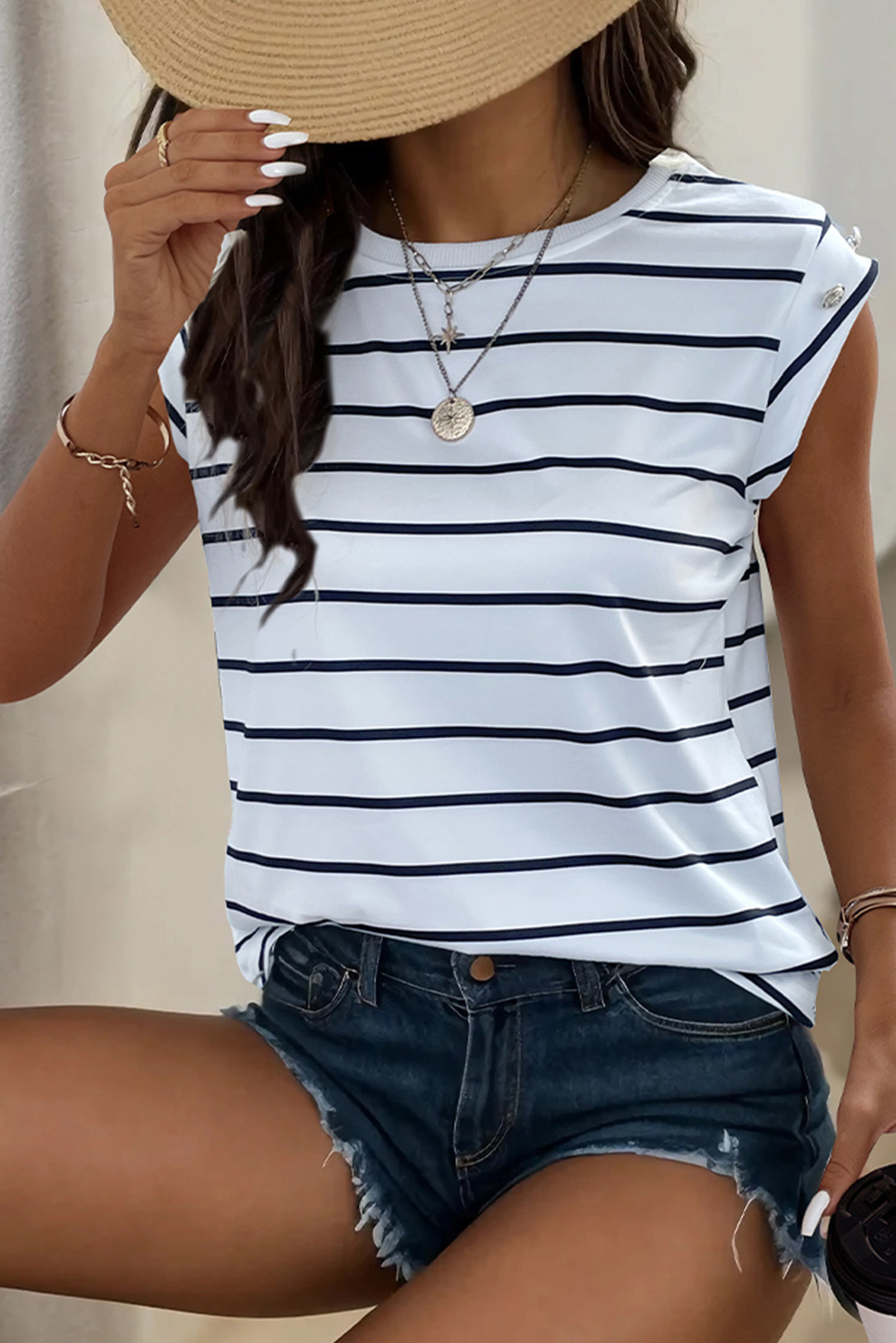  White Casual Stripe Buttoned Detail Round Neck T SHIRT