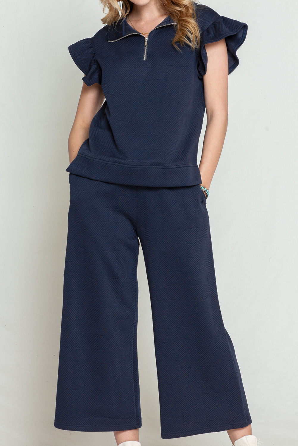 Shewin Wholesale 2024 Hot Navy Blue Textured Ruffle Cap Sleeve Top And Wide Leg PANTS Set