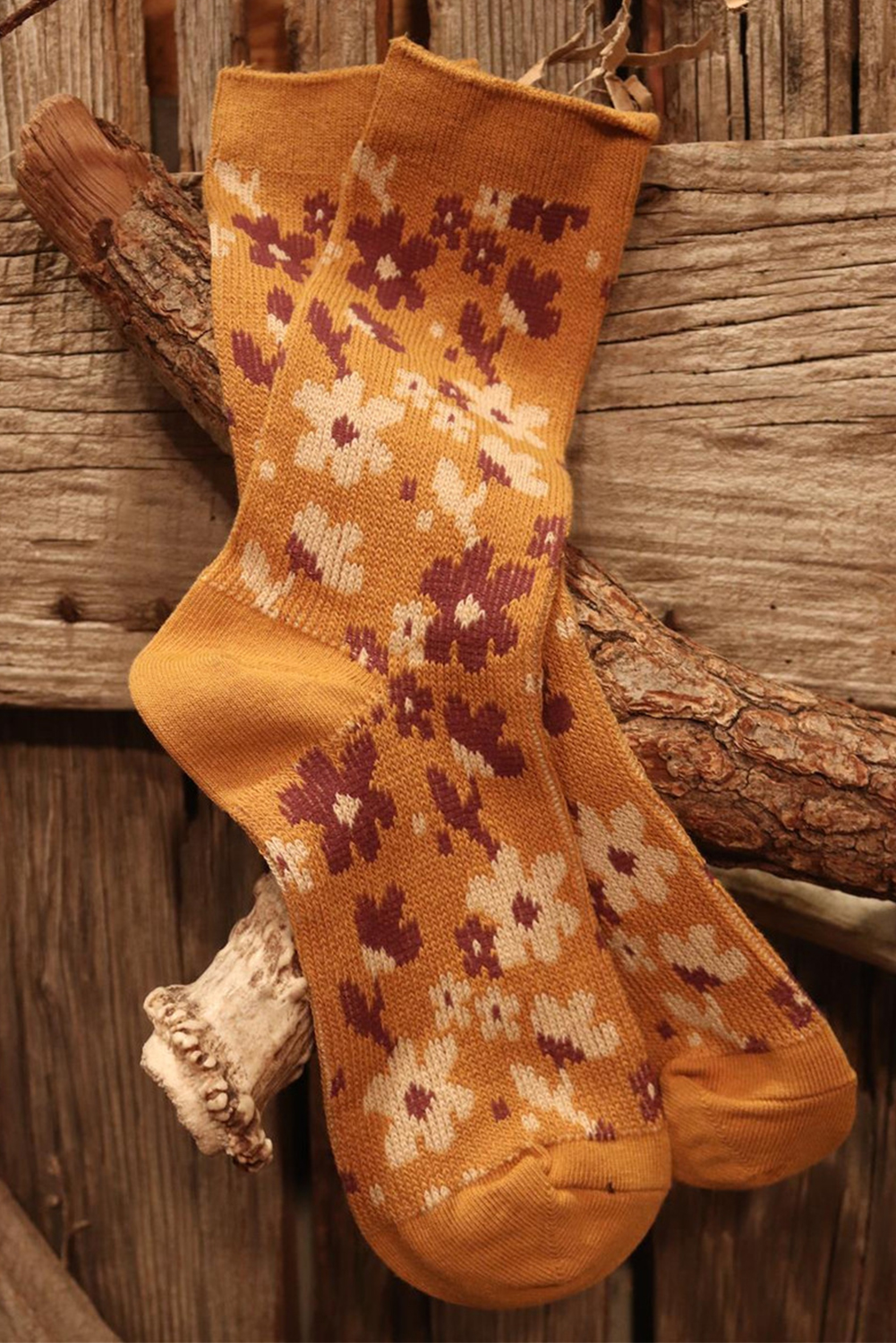 Shewin Wholesale Dropshipping Mustard Vintage Floral Pattern High Ankle Socks
