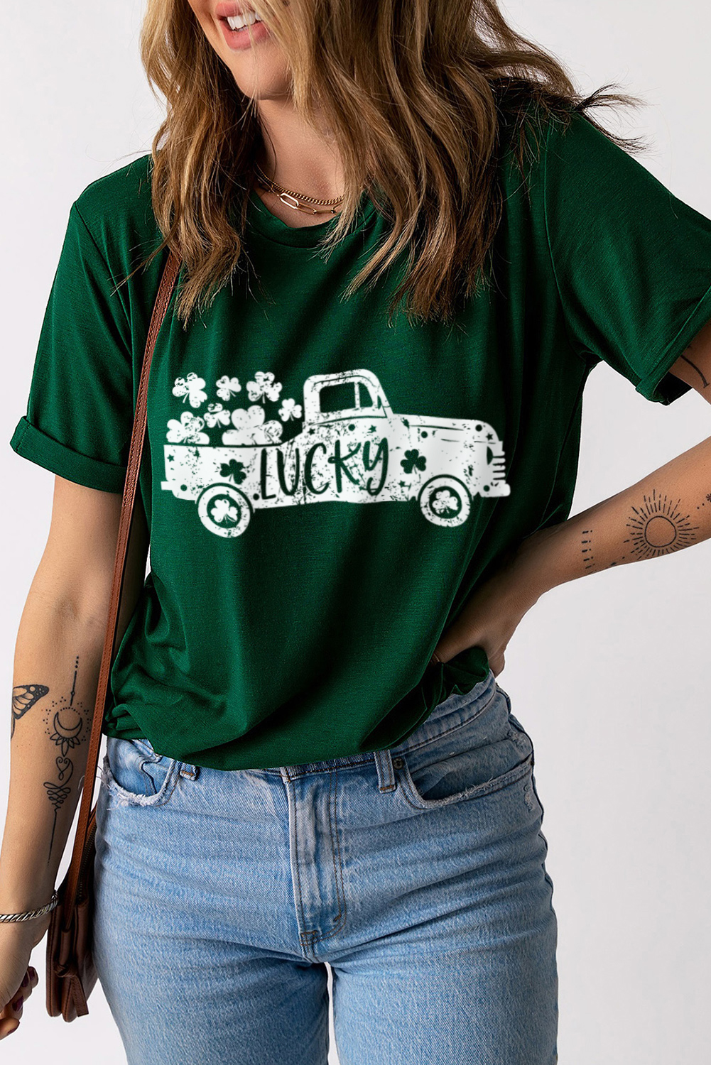 Shewin Wholesale Dropshipping Green LUCKY Truck Clover Graphic Crew Neck T SHIRT