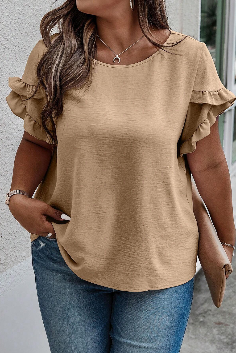 Shewin Wholesale WESTERN Light French Beige Ruffled Short Sleeve Plus Size Top