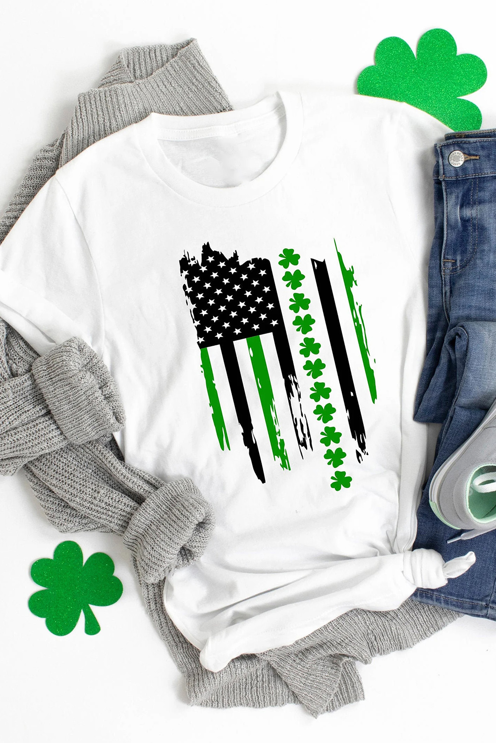 Shewin Wholesale Southern Boutique White St. Patricks Clover American FLAG Graphic Crewneck Tee