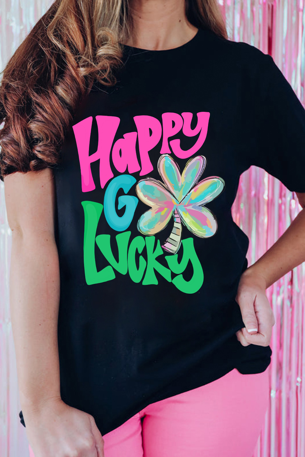  Black Happy GO Lucky Clover Graphic Crew Neck T SHIRT