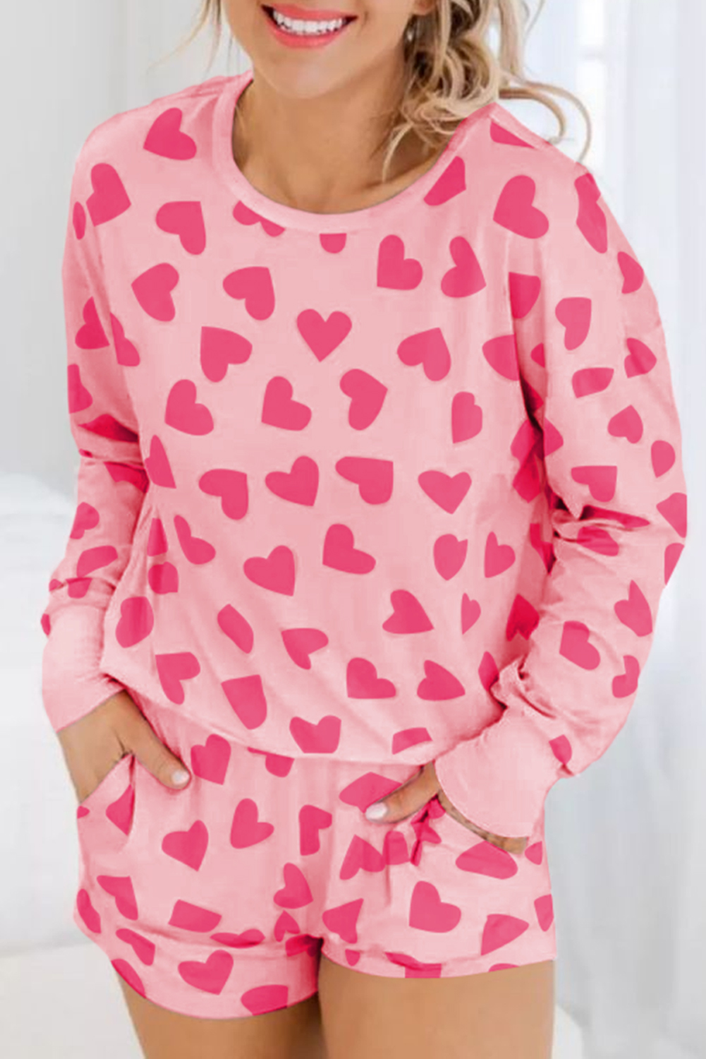  Pink Heart Print Long Sleeve Top and Shorts PAJAMA Set