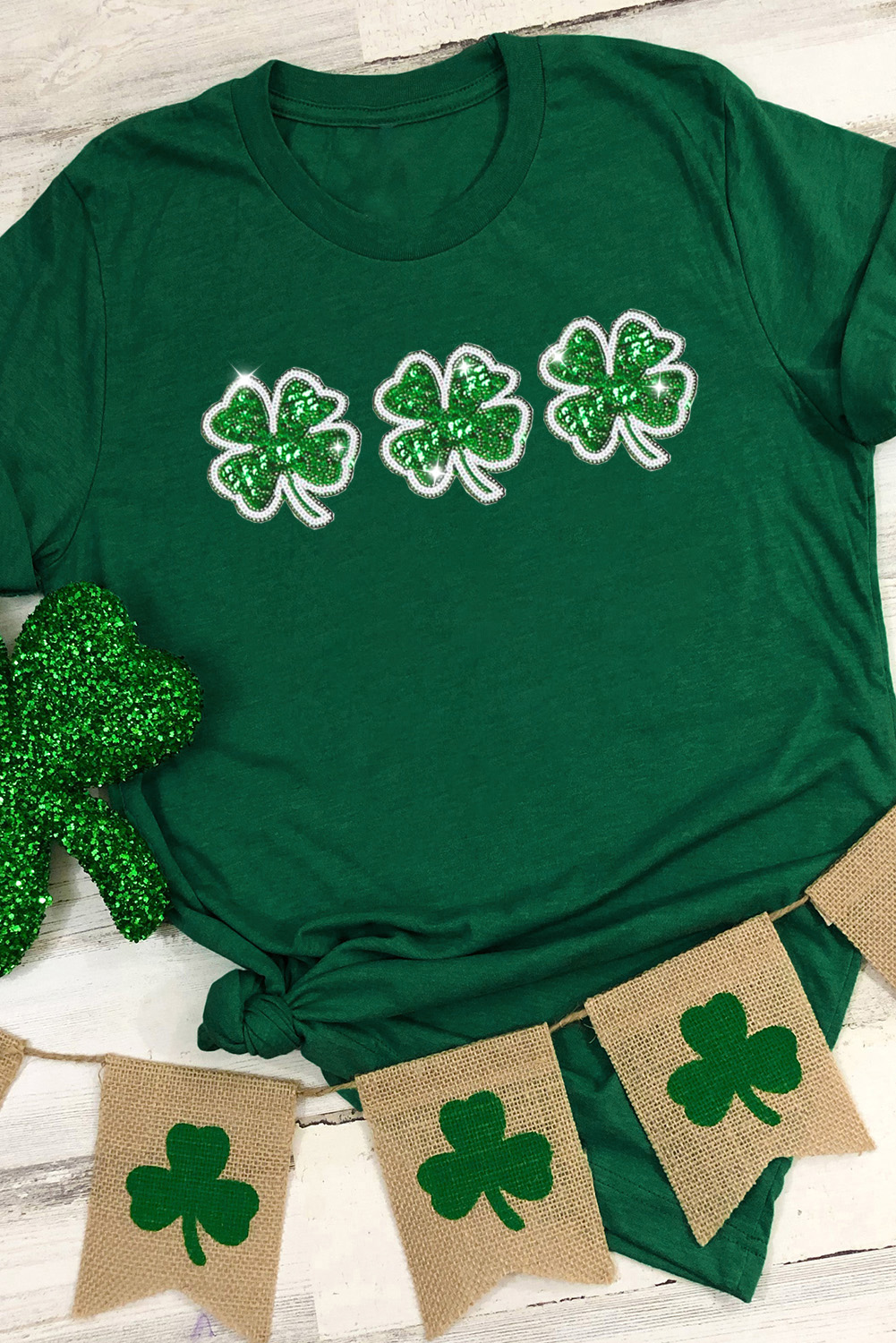 Shewin Wholesale Chic Lady Green St Patrick Clover Patch Sequin Graphic T SHIRT