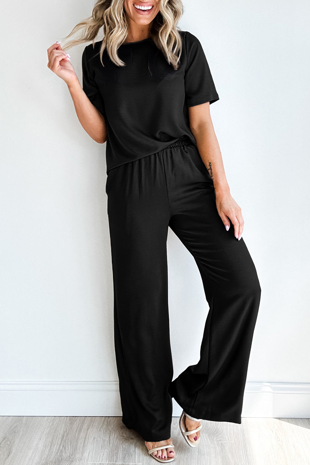 Shewin Wholesale High Quality Black Solid Color T-Shirt and Wide Leg PANTS Set