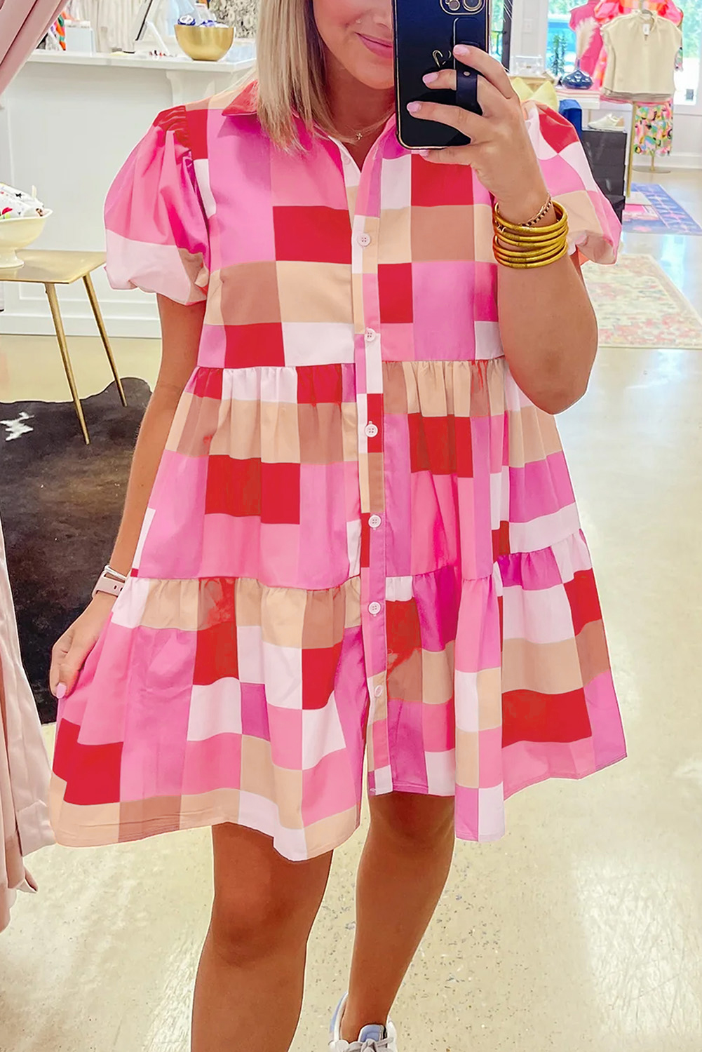  Pink Colorblock Plaid Puff Sleeve Tiered Mini DRESS