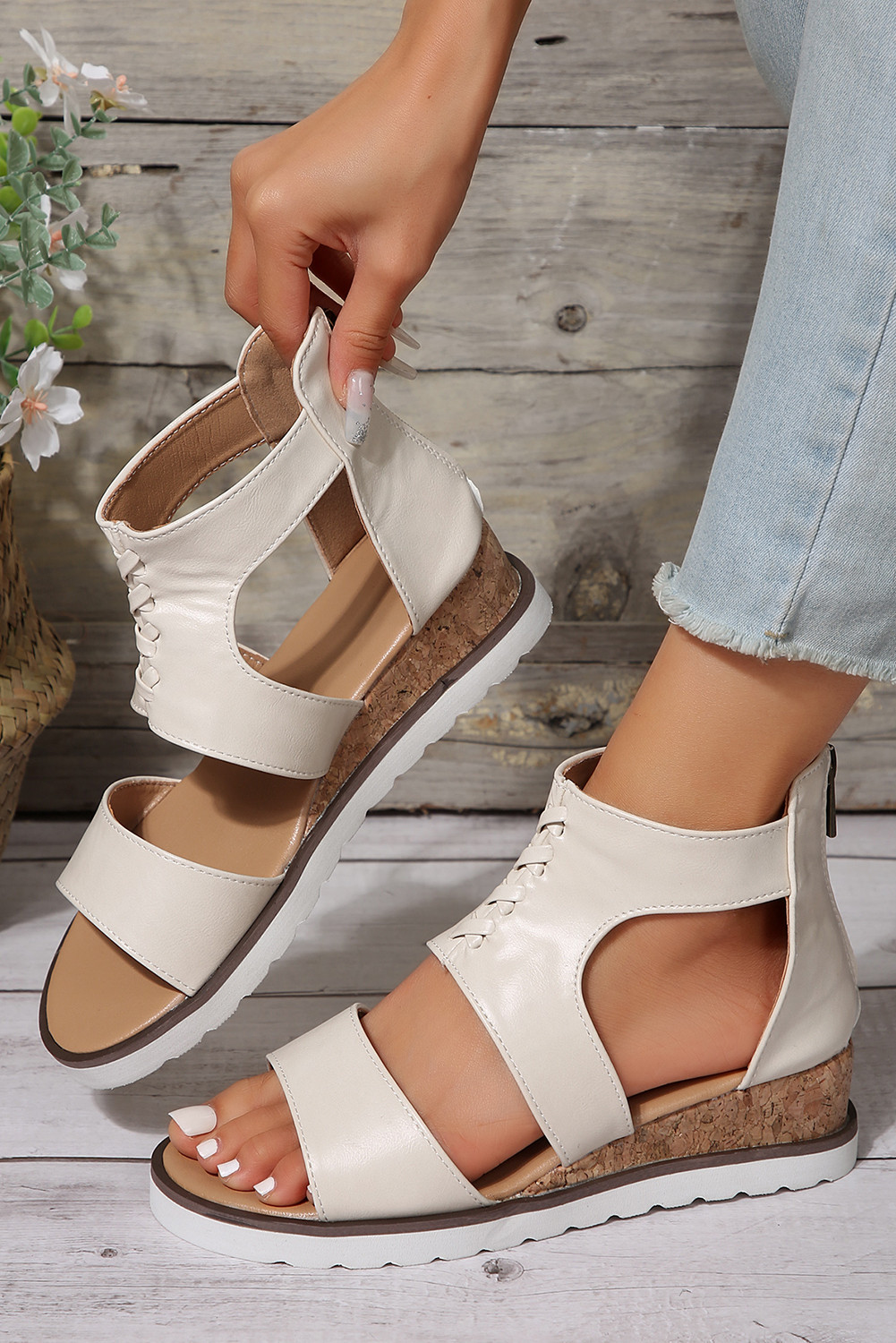 White Crisscross Detail Leather Wedge Gladiator Sandals