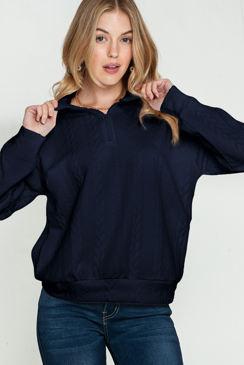  Black Blue Casual Textured 1/4 Zipper Pullover Sweatshirt