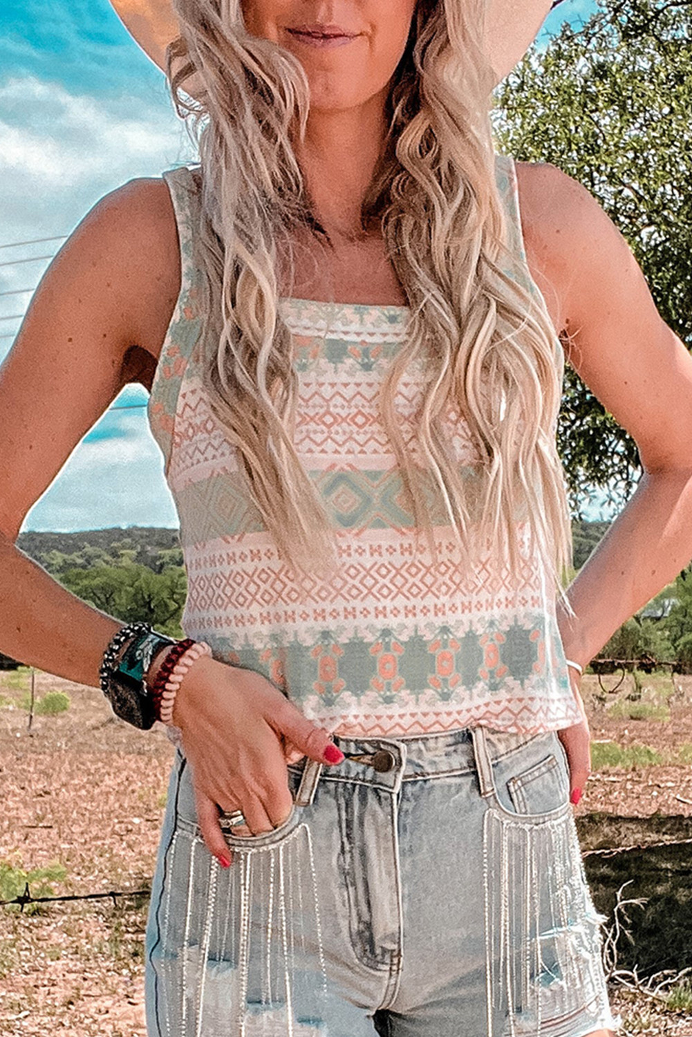 White Geometric Print Tied Backless Tank Top