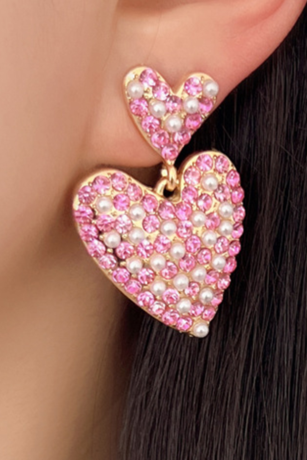 Shewin Wholesale Southern Apparel Pink Rhinestone PEARL Dual Heart Shape Valentine Earrings