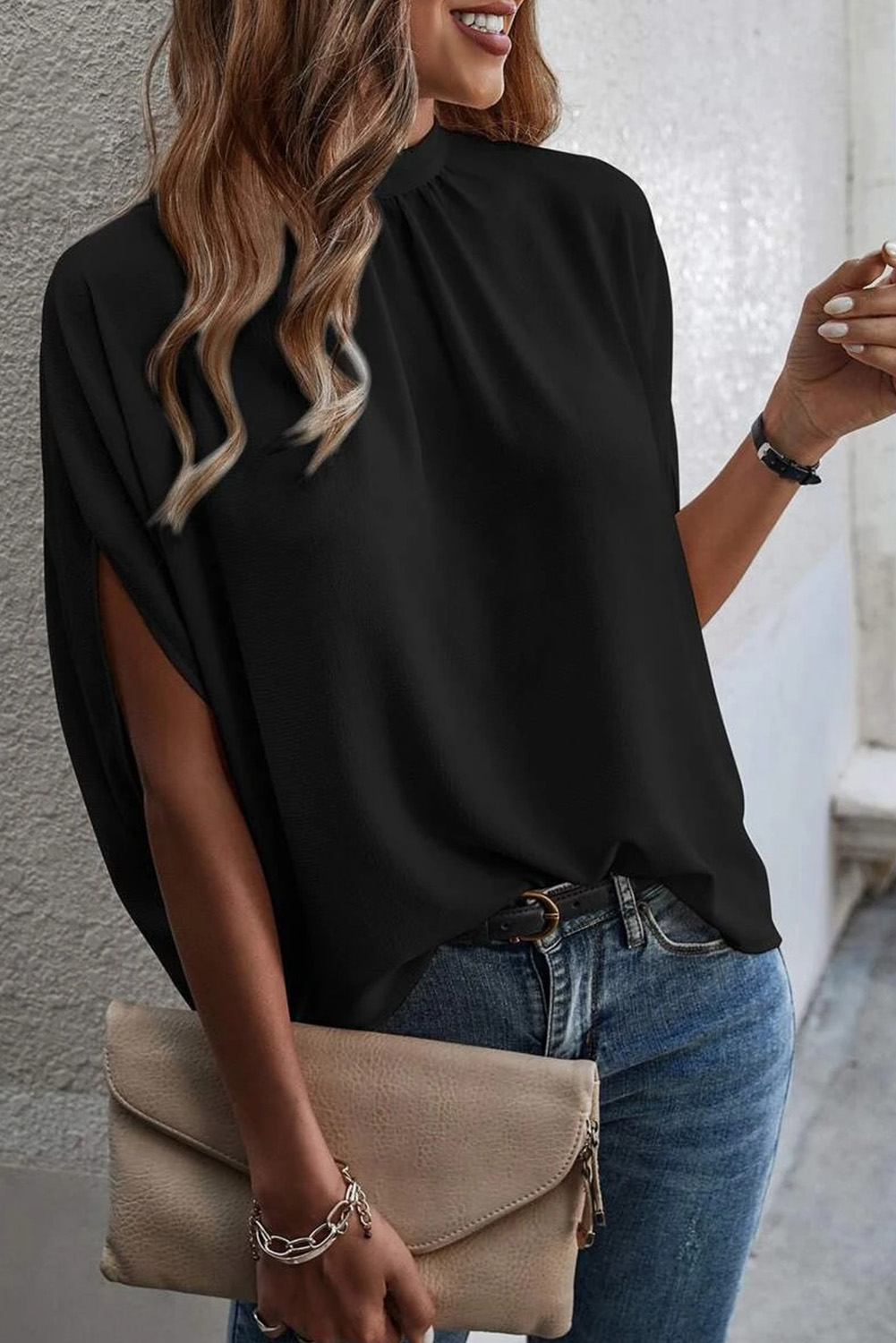 Shewin Wholesale Chic LADY Black Solid Color Batwing Sleeve Knotted Blouse