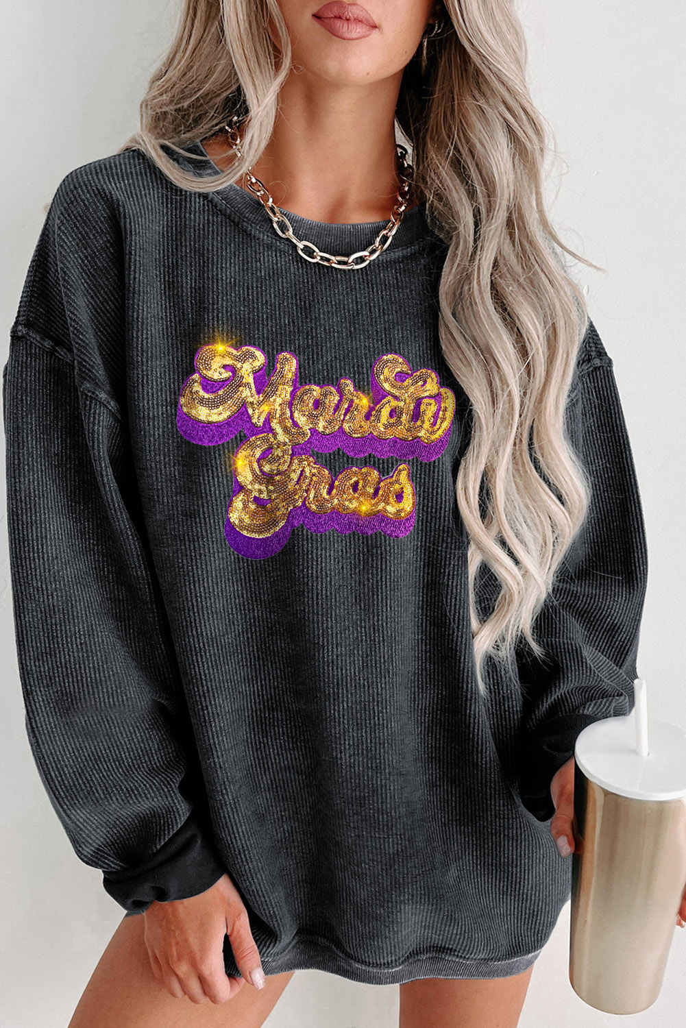 Shewin Wholesale Dropshippers Black Sequin Mardi Gras Embroidered Graphic Pullover SWEATSHIRT
