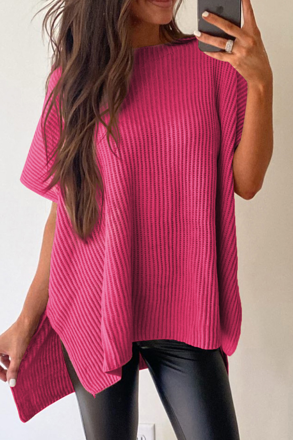 Shewin Wholesale Chic Lady Rose Red Side Slit Short Sleeve Oversized SWEATER