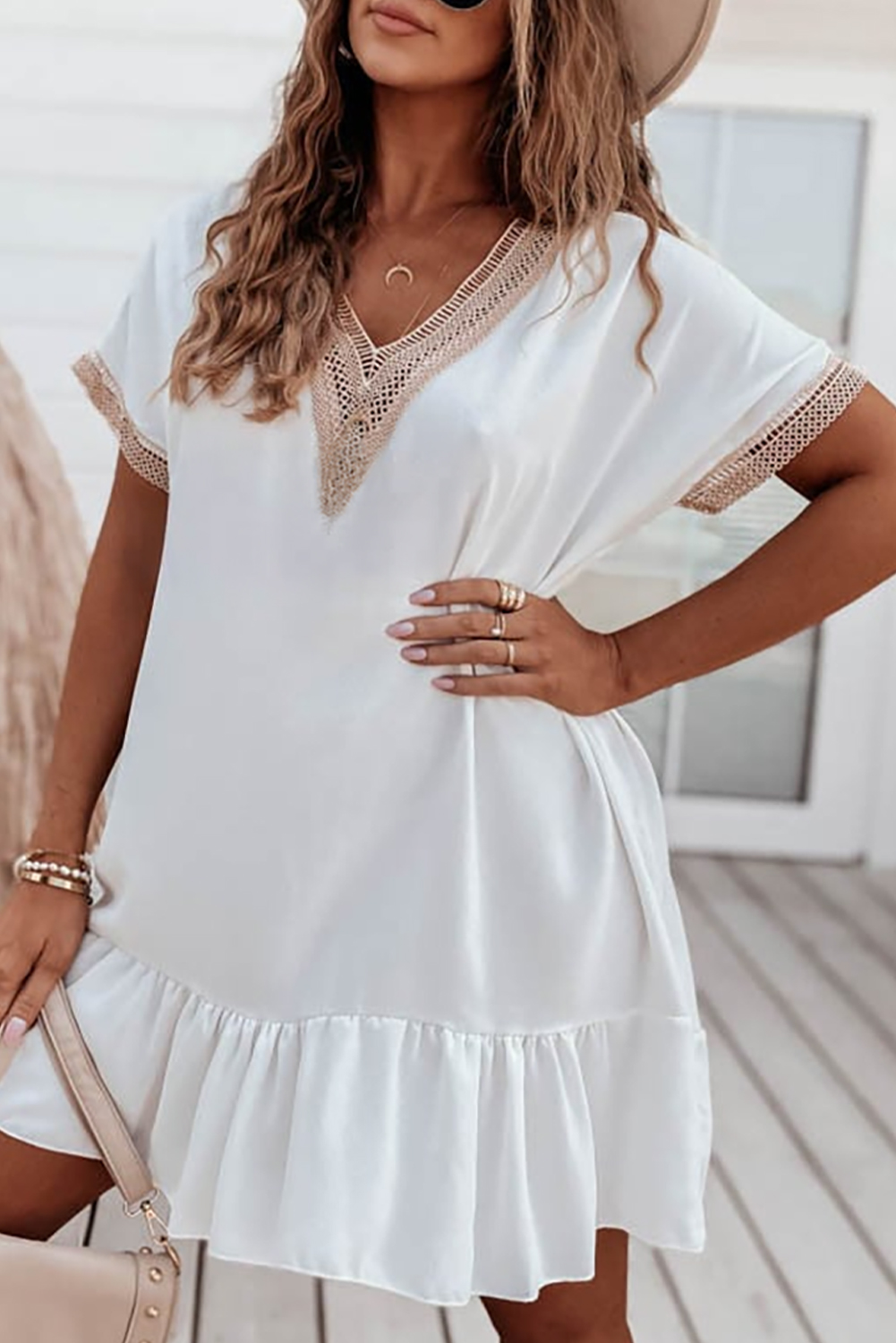 Shewin Wholesale 2024 Hot White Lace Trim Contrast SHORT Sleeve Ruffled Mini Dress