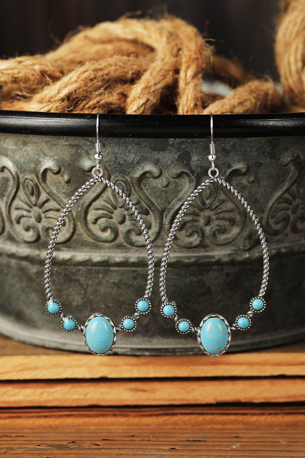 Shewin Wholesale 2024 Hot Silver Vintage Turquoise Water Drop Hook Earrings
