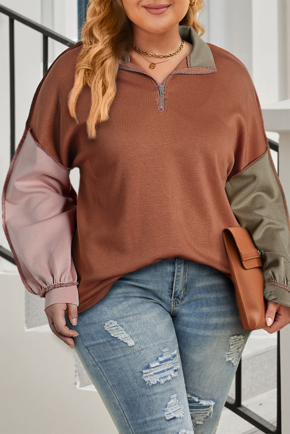 Shewin Wholesale Dropshippers GOLD Flame Plus Size Colorblock Exposed Seam Quarter Zip Sweatshirt