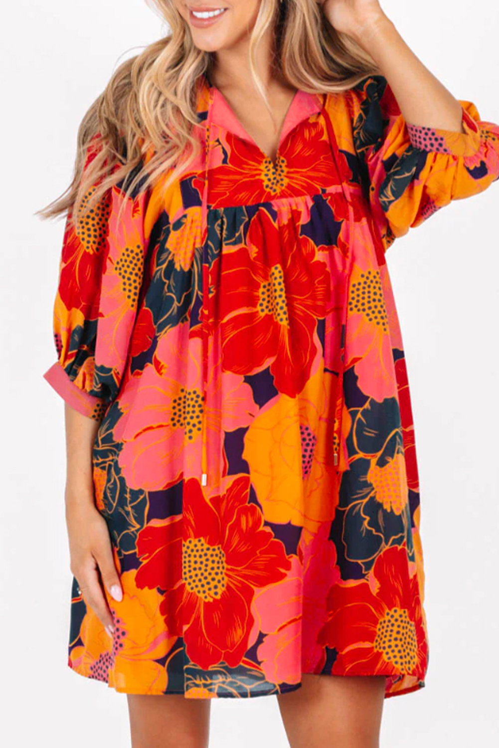 Shewin Wholesale High Quality Orange Boho Floral Print TIE Neck Mini Dress