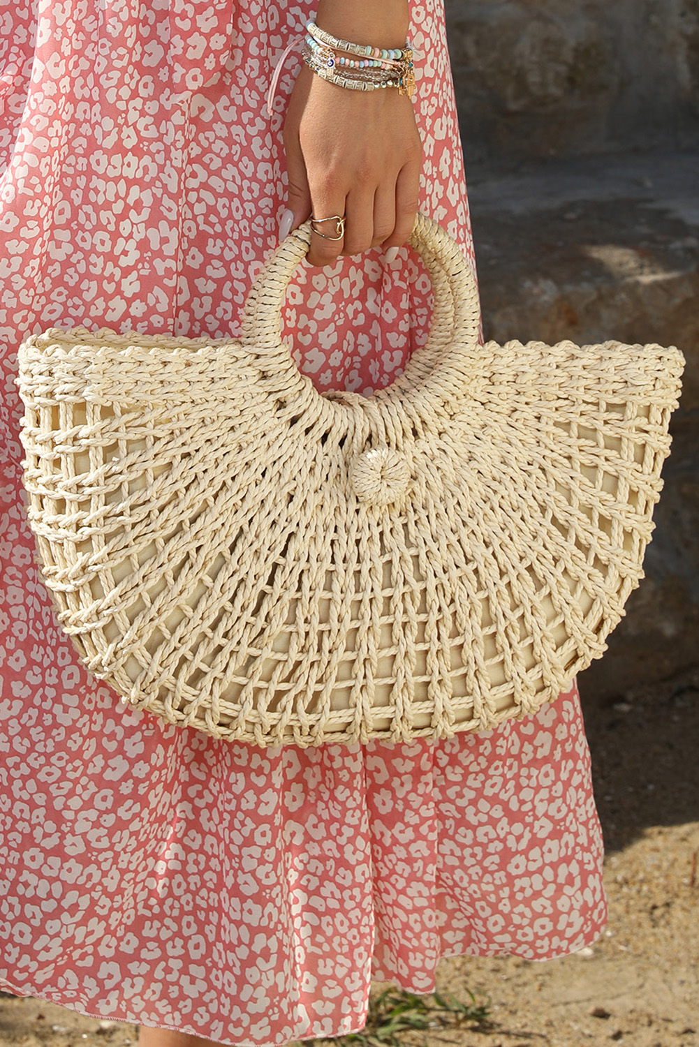 Shewin Wholesale Dropship Beige Bamboo Weaving Round Tote HANDBAG