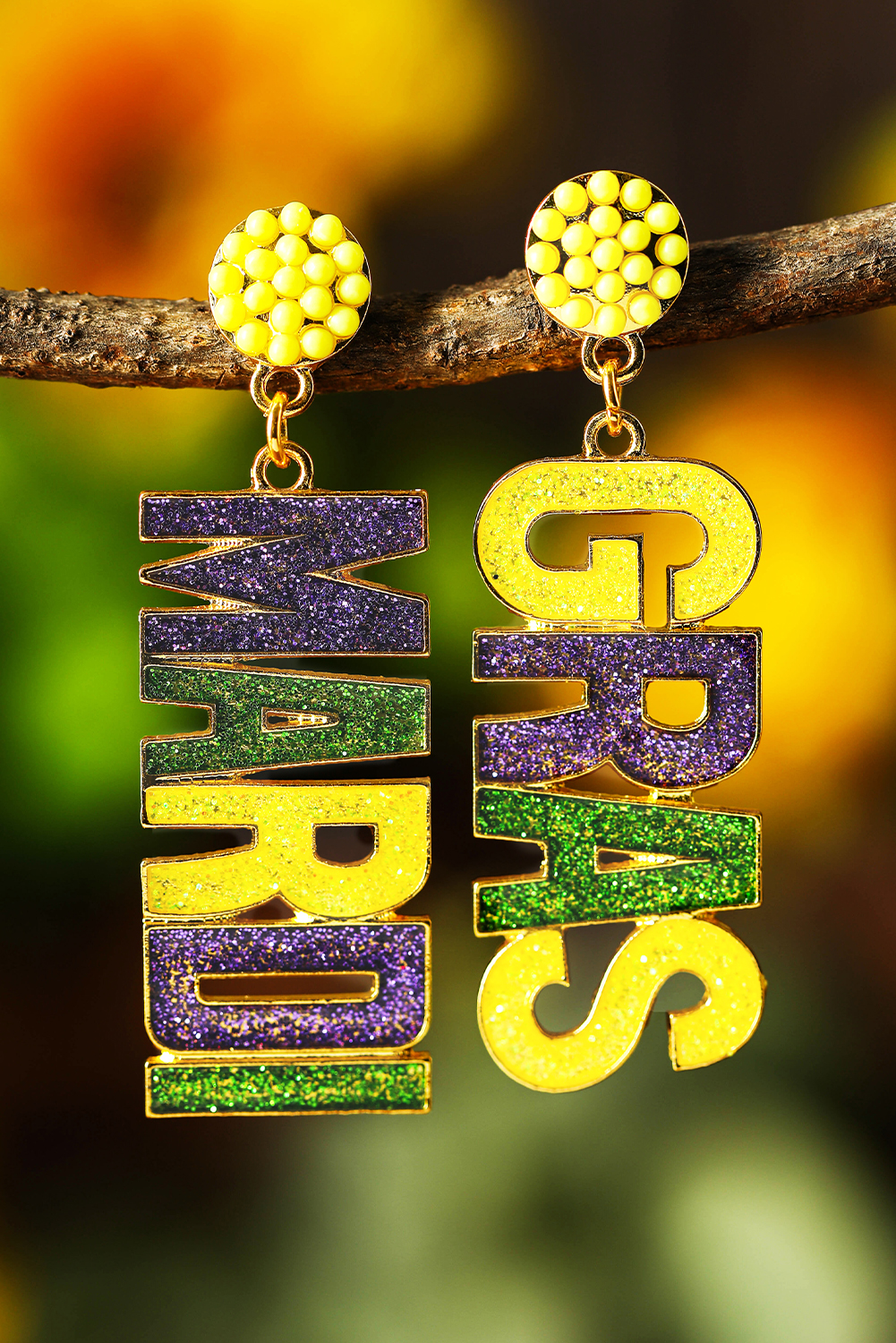 Shewin Wholesale Dropship Yellow MARDI GRAS Shiny Letter PENDANT Earrings