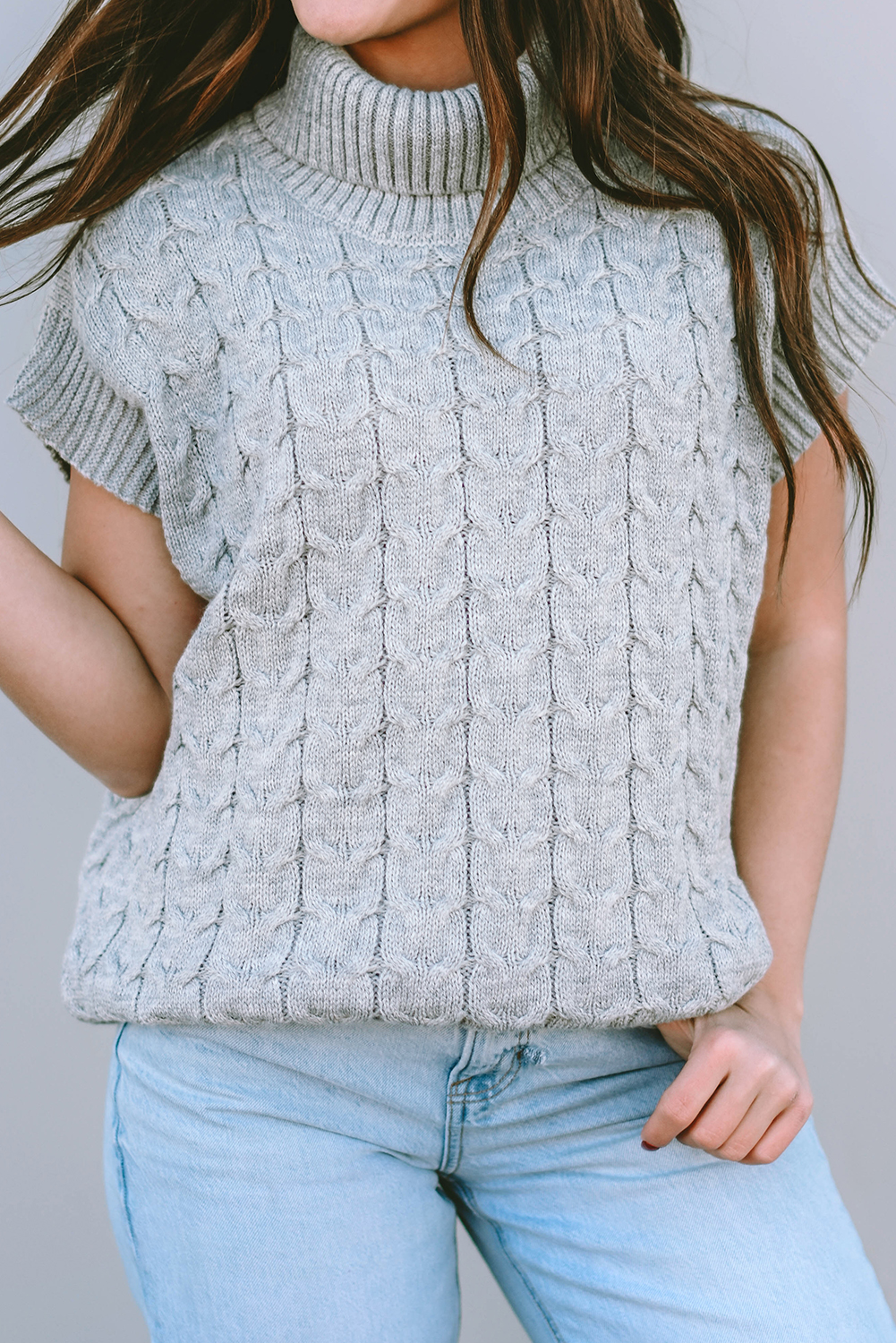 Shewin Wholesale New arrival Medium Grey Cable Knit Turtleneck Short Dolman Sleeve SWEATER