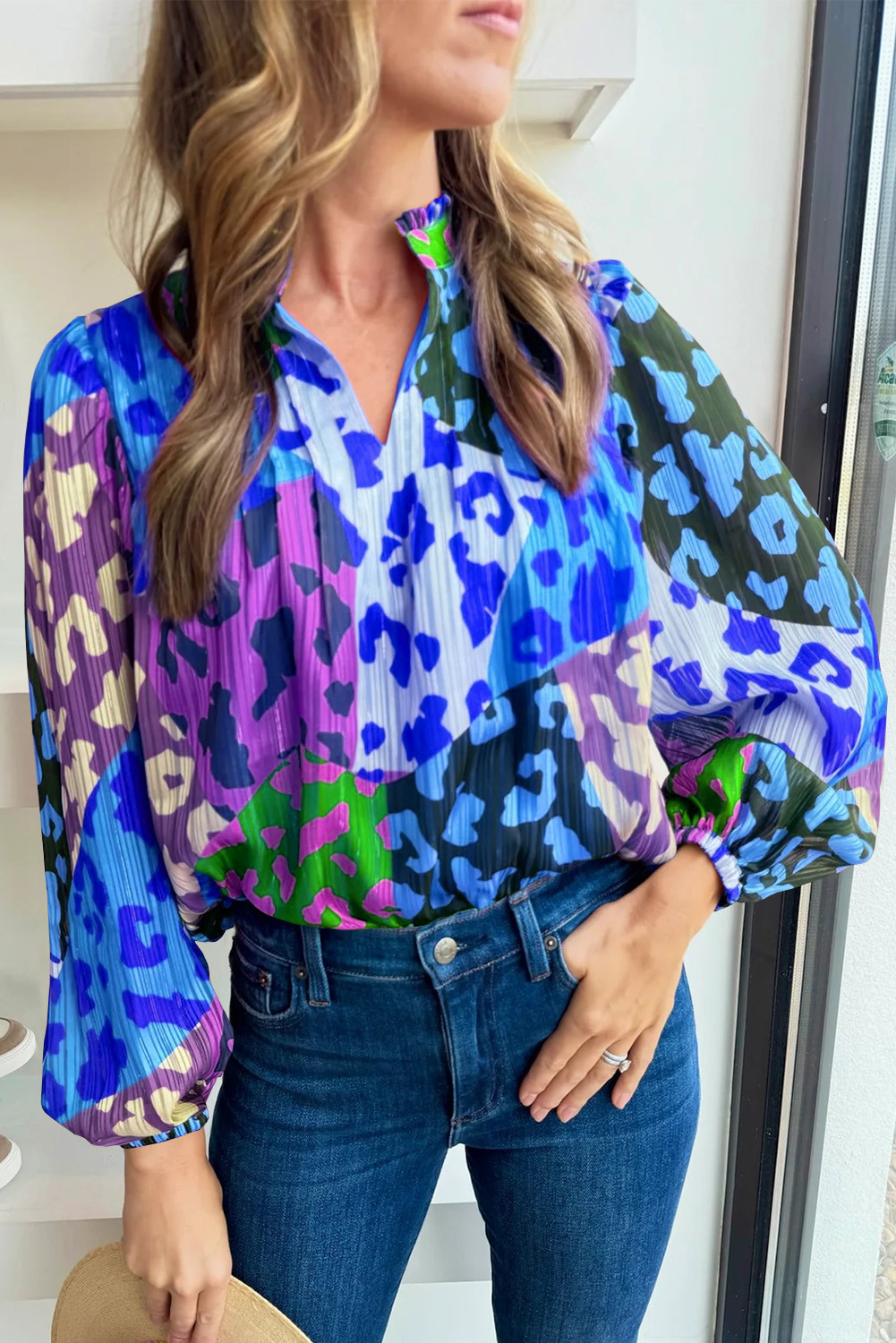 Sky Blue Leopard Print Puff Sleeve Crinkle Blouse