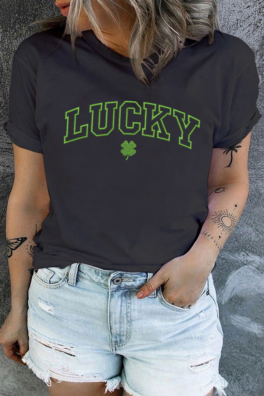 Black Plus Size LUCKY Clover Embroidered Graphic Tee