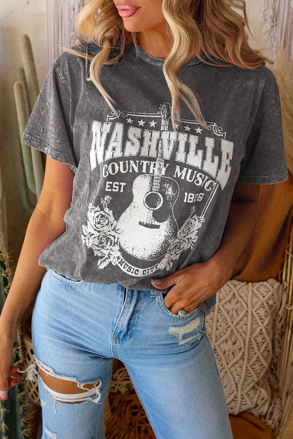 Shewin Wholesale Dropship Gray VINTAGE Washed Nashville Rock Band T Shirt