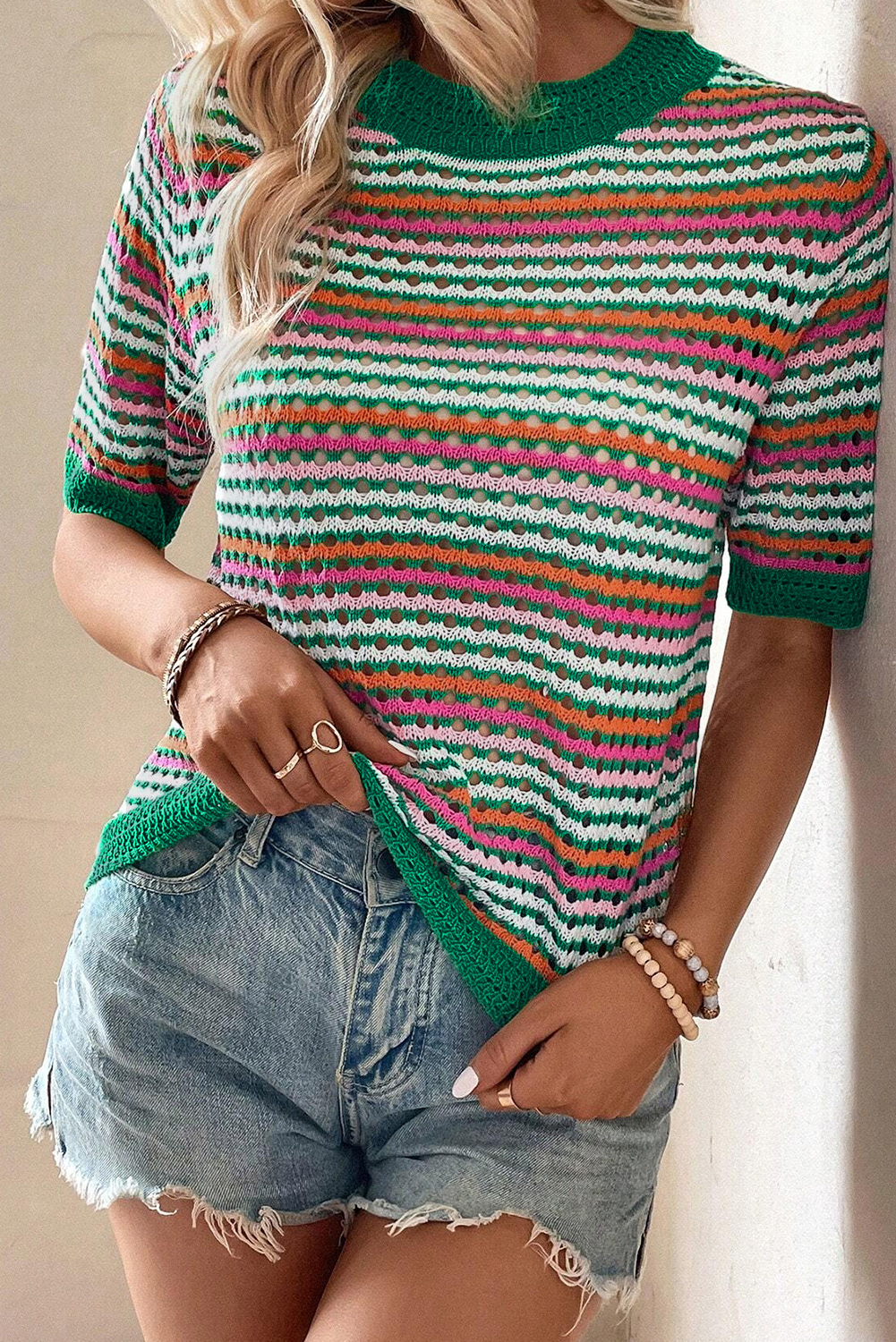 Shewin Wholesale Suppliers Dark Green Striped Pattern Hollow Out Contrast Trim Knit T SHIRT