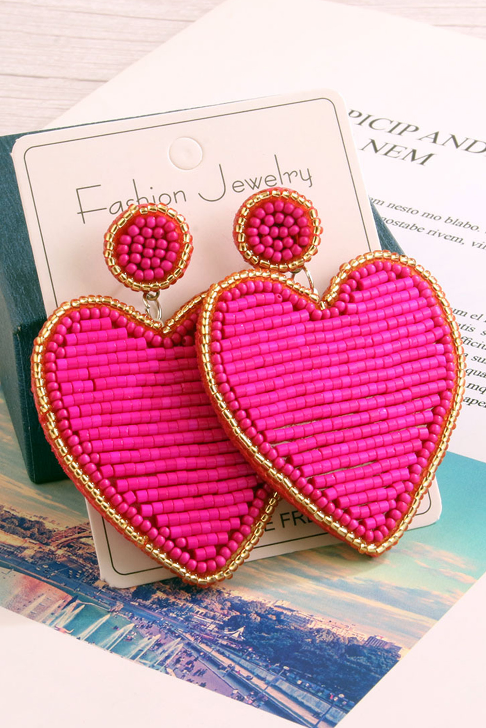 Shewin Wholesale Customized Bright Pink Beaded Heart Shaped STUD EARRINGS