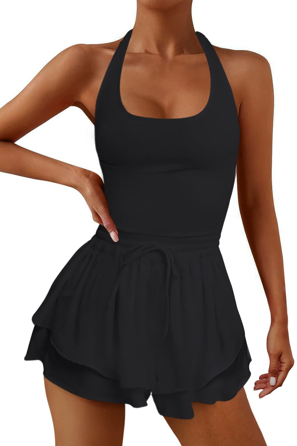 Shewin Wholesale Chic Female Black Cross Criss Back Drawstring Layered SHORT Rompers