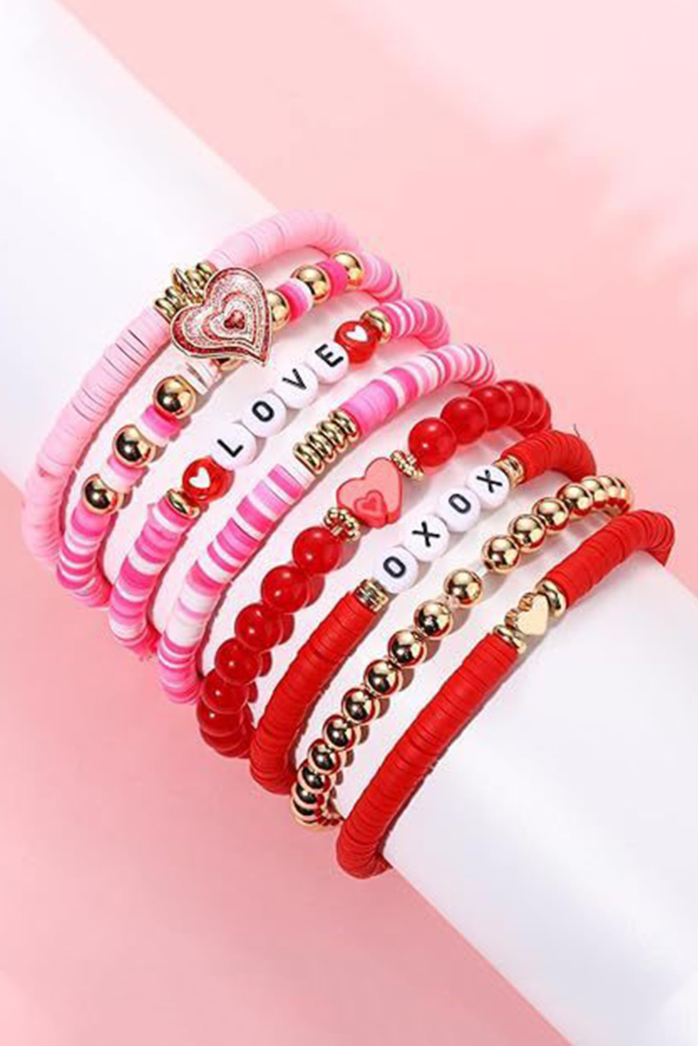 Shewin Wholesale Customized Pink Valentines LOVE XOXO Heart Shape Beaded BRACELET Set