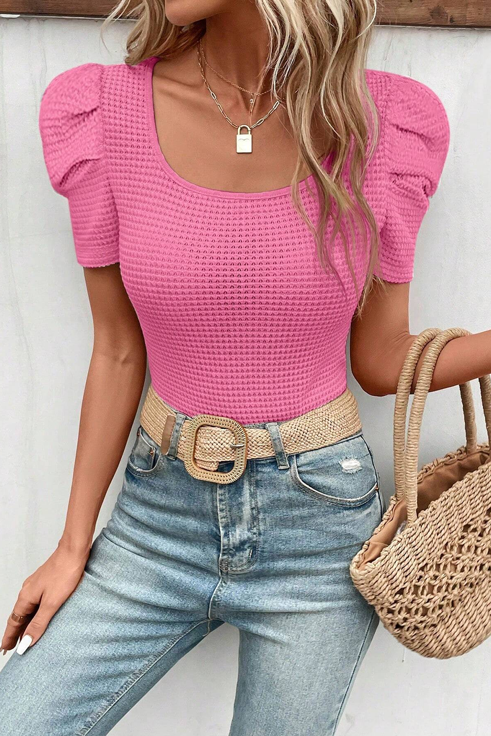 Shewin Wholesale Casual Bright Pink Scoop Neck Waffle Knit Puff Sleeve Top