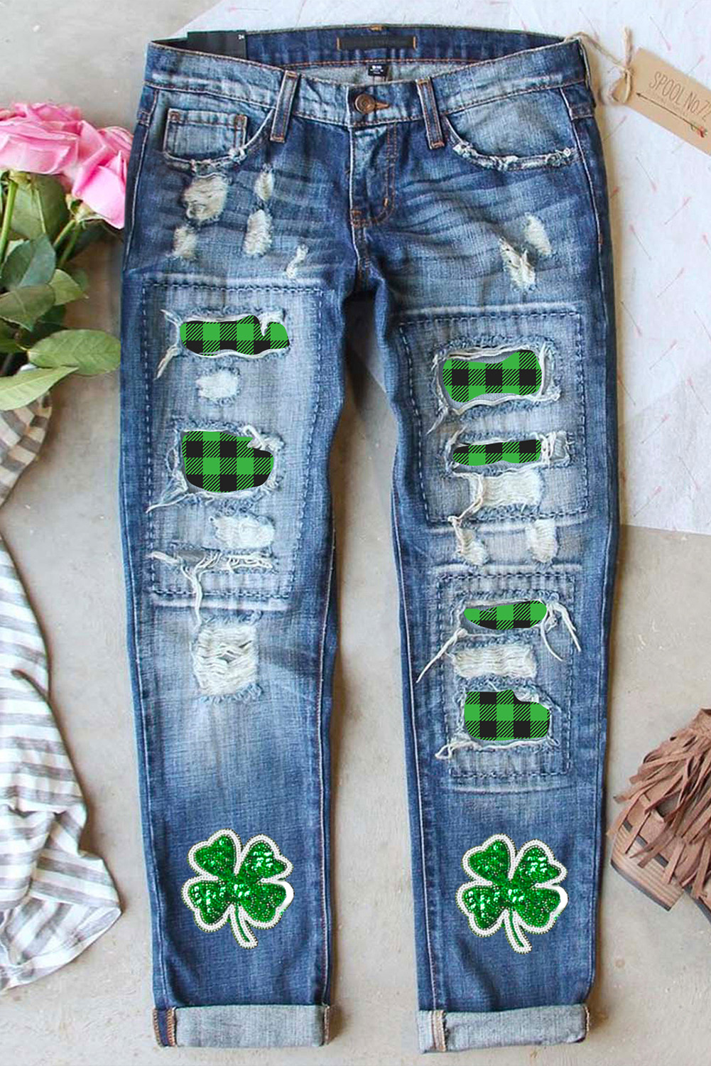 Wholesale Sky Blue Glitter Clover Patch Graphic Plaid Insert Distressed JEANS