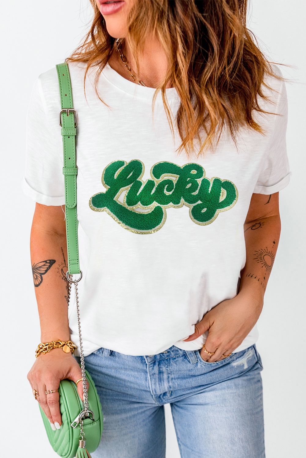 White St Patrick Lucky Chenille Glitter Patched Graphic T SHIRT